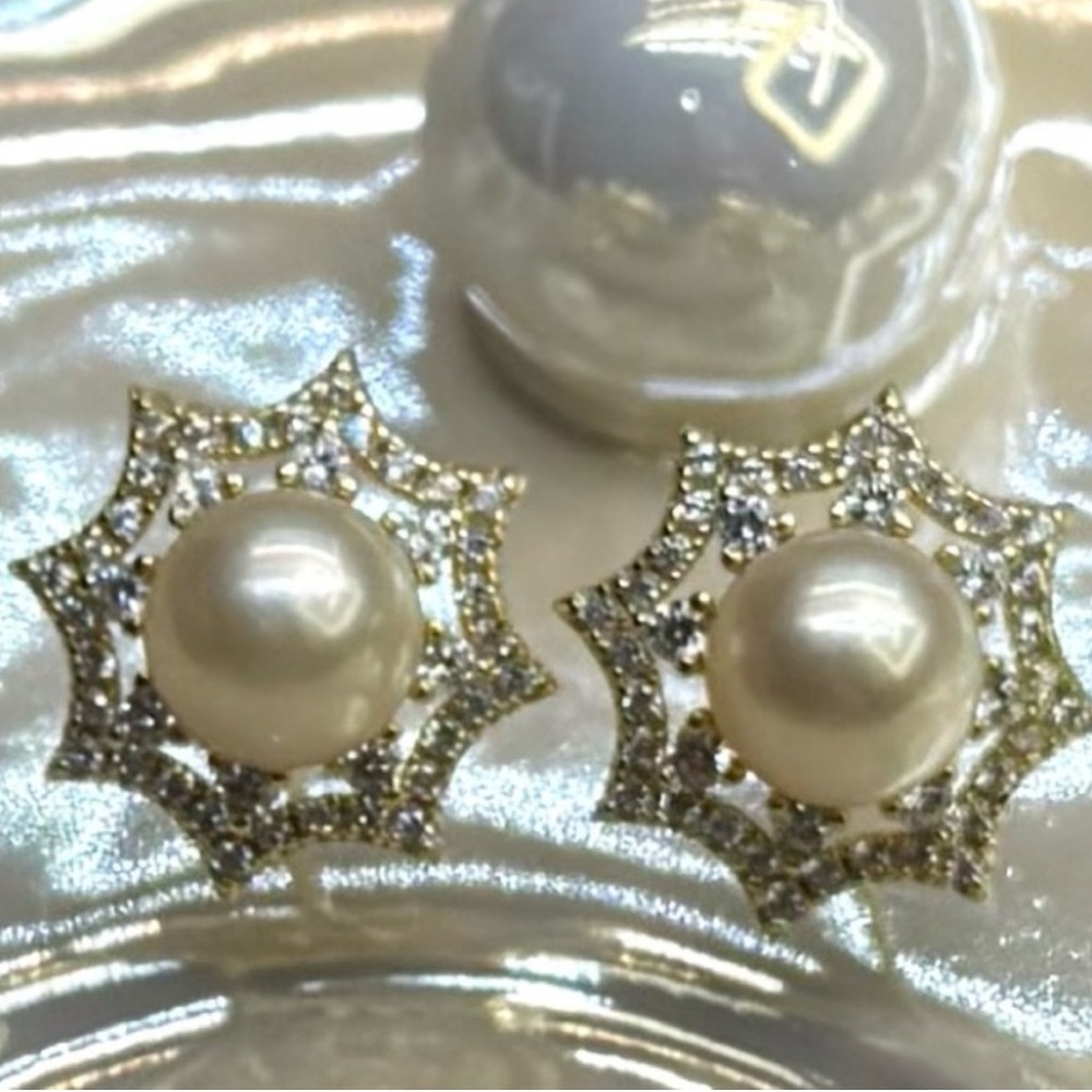 Premium 7mm Akoya Sea Pearl Earrings • Art Deco Web Design • 18K Gold over S925 - Picture 4 of 11